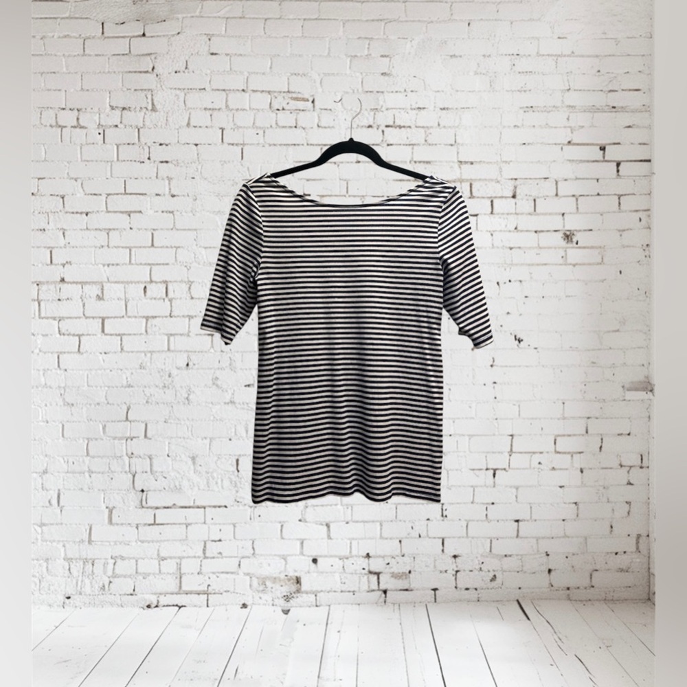 Old Navy Fitted Navy Blue & White Striped Boat Neck Shirt, Size M